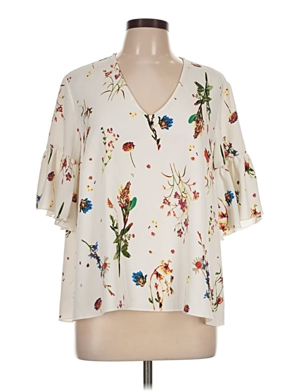 Catherine Malandrino White Floral Ruffle Bell Sleeve Top Large
